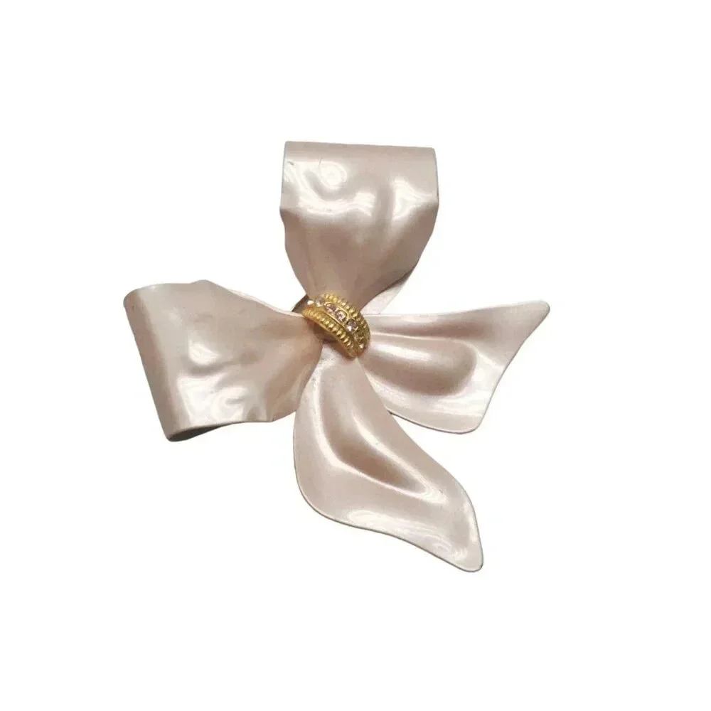 Clear Rhinestone Pink Satin Enamel Metal Large Bow Brooch Pin Gold Tone Vintage